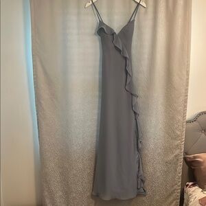 Azazie Gray Asymmetrical Ruffled Maxi Dress